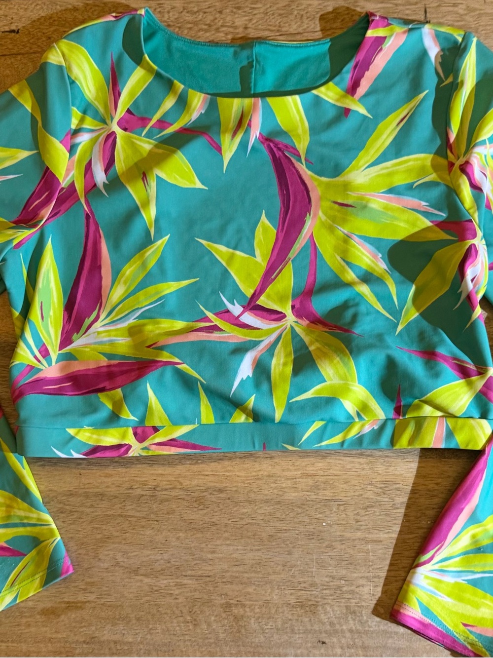 Old Navy Turquoise Tropical Print Long-Sleeve Swim Coverup Crop